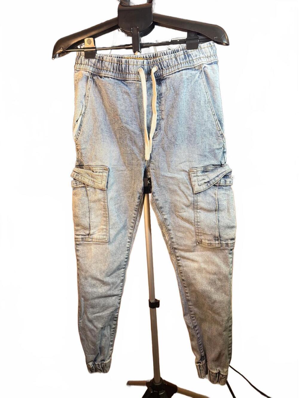 Light Blue Denim Cargo Jogger Pants with Drawstring Waist Modern Culture sz M
